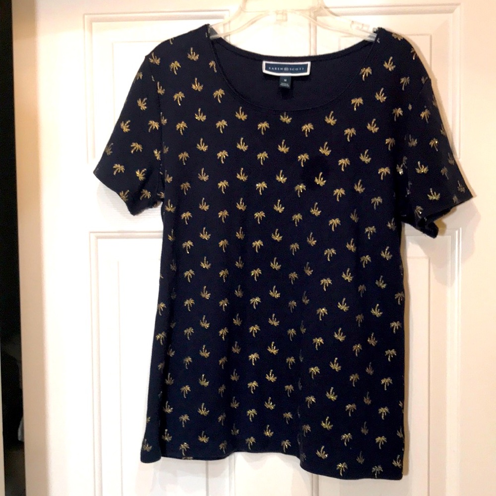 Navy Blue Tee Shirt with Gold, shimmery Palm Trees